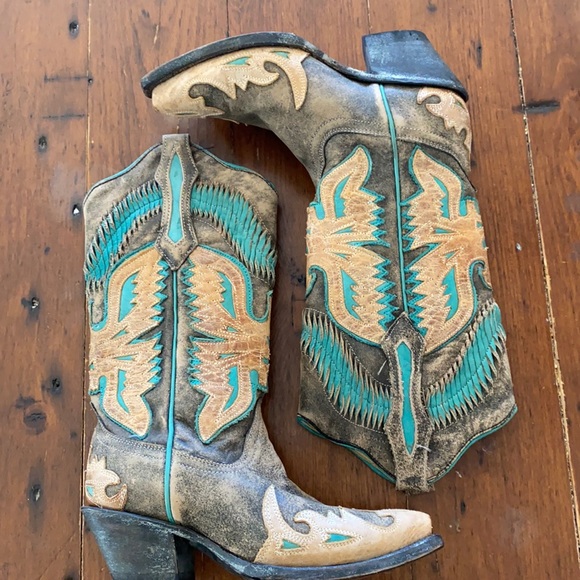 CORRAL Antique Saddle/Turquoise Eagle Overlay Boot 5M - Picture 2 of 13